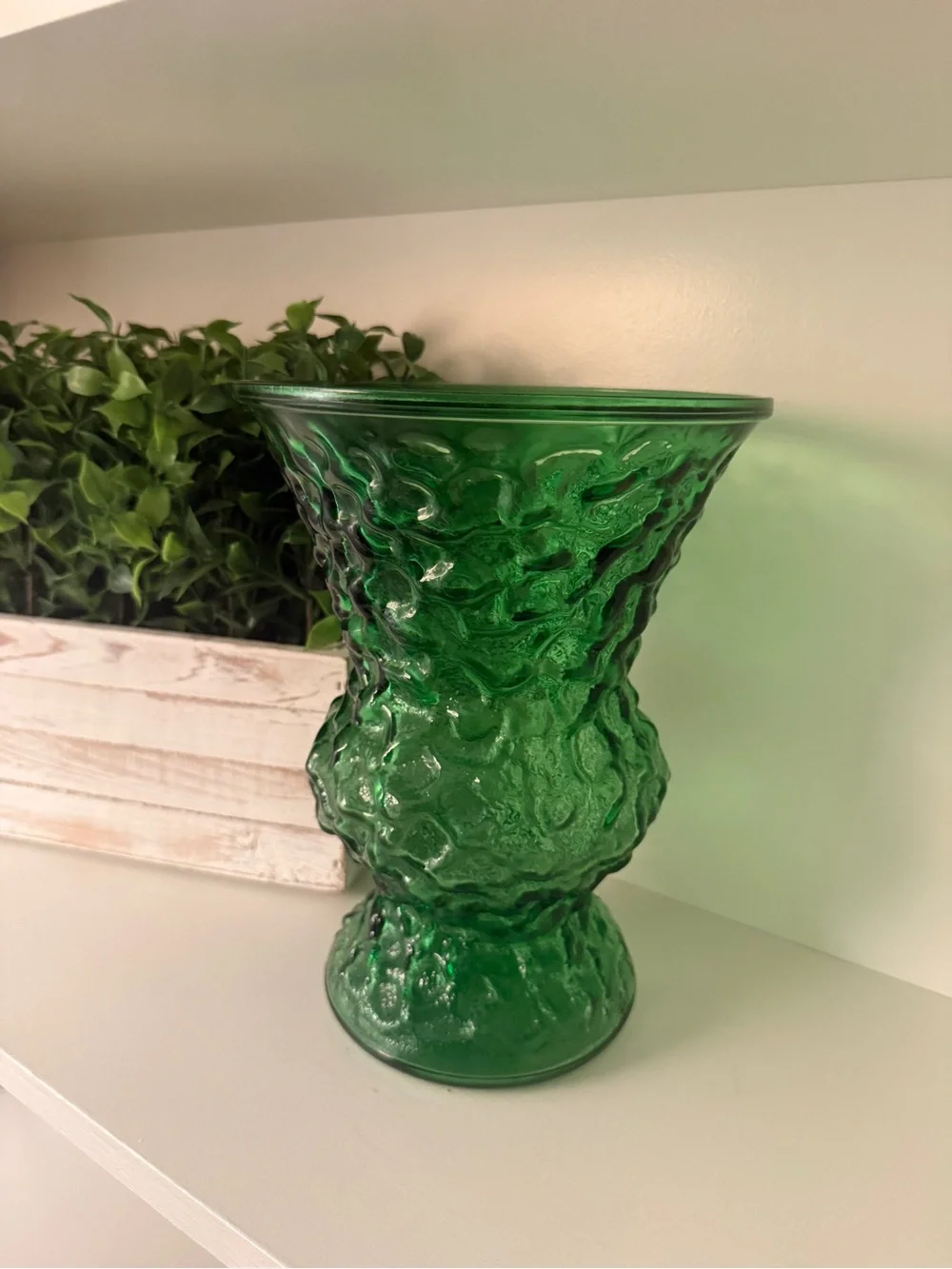 Emerald Green Textured Art Glass Pedestal Vase Heavy Pressed Glass– 10” Tall VTG